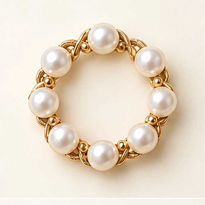 Aureole Pearl Circle Brooch, Gold tone / Ivory glass imitation pearl