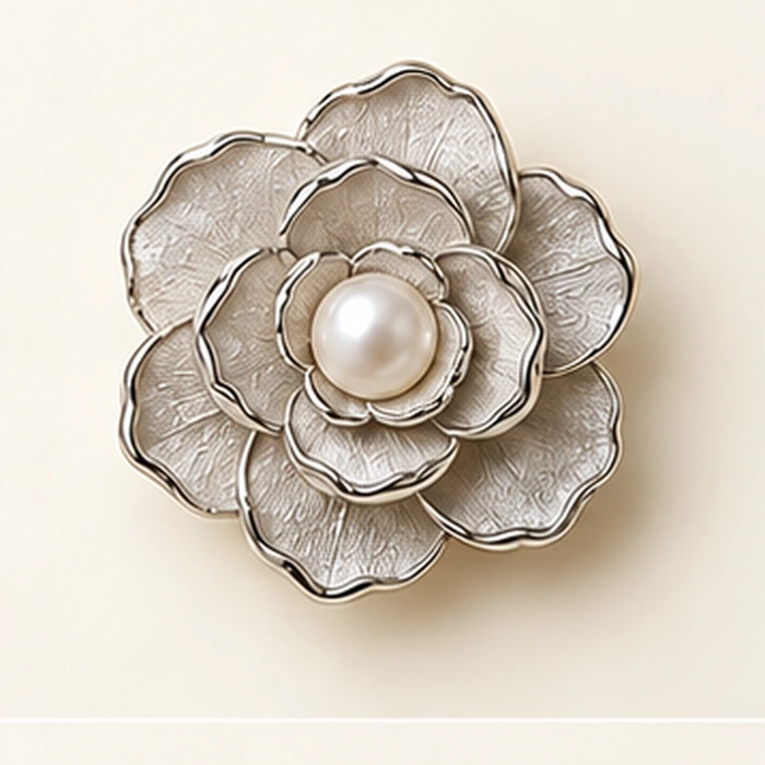 Camellia Pearl Petal Brooch, Silver tone / White glass imitation pearl