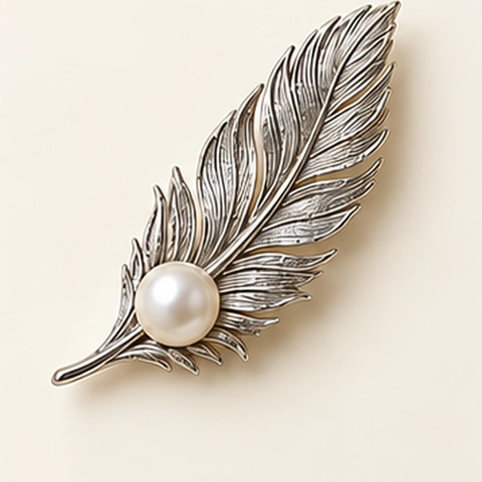 Plume Pearl Feather Brooch, Silver tone / White glass imitation pearl
