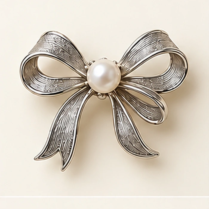 Ribbon Pearl Bow Brooch, Silver tone / White glass imitation pearl